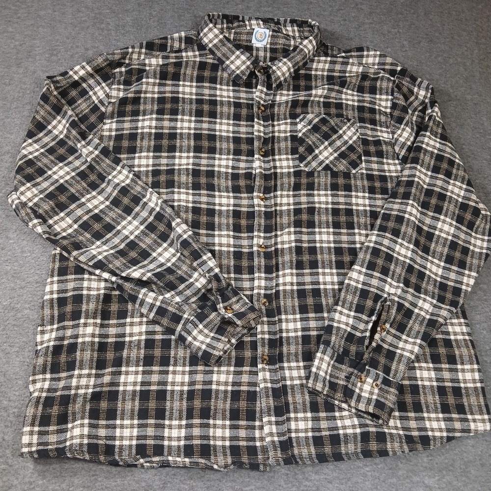 North 15‎ Mens 5XL Flannel Shirt Black White Tan Plaid Long Sleeve Button Down